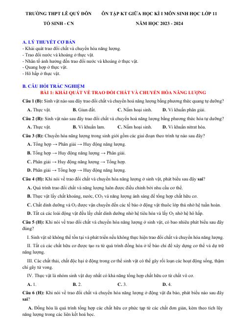 Đề cương ôn tập Giữa kì 1 Sinh học 11 năm 2023–2024 trường THPT Lê Quý Đôn (Đắk Lắk)